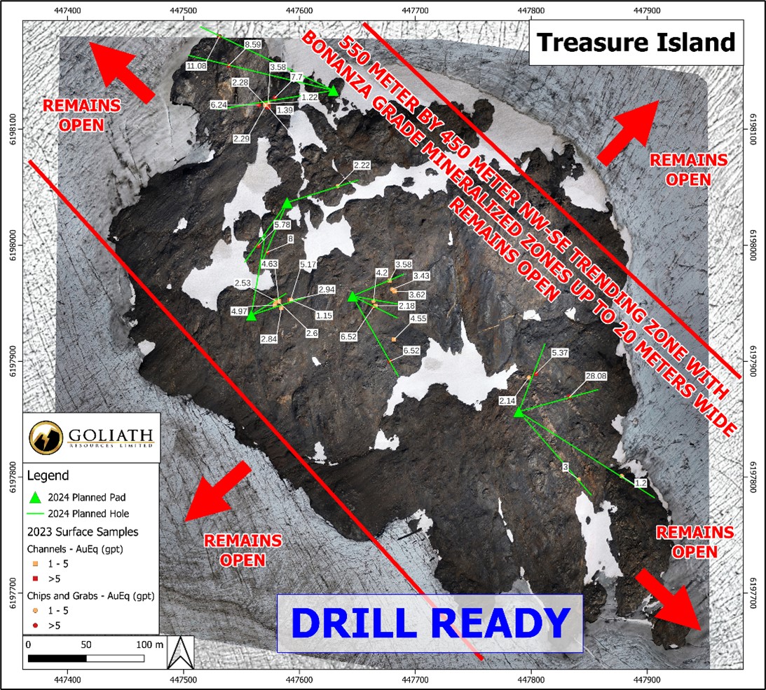 The image shows a map of Goliath Resources' Treasure Island with planned drill sites for 2024, highlighted gold mineralisation zones and indications of areas yet to be explored.