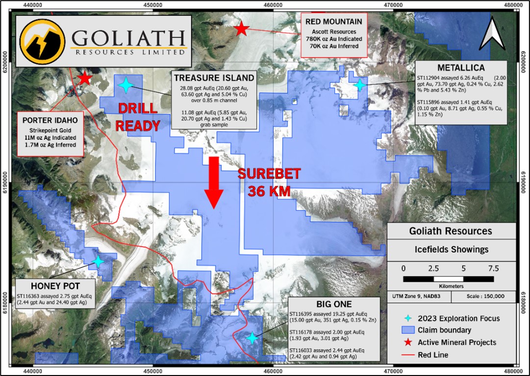 Das Bild zeigt eine Karte von Goliath Resources' Treasure Island mit geplanten Bohrstandorten für 2024, hervorgehobenen Goldmineralisierungszonen und Hinweisen auf noch zu untersuchende Bereiche.