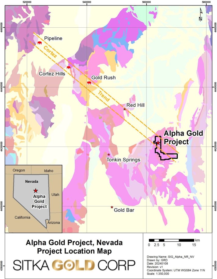 Location map of the Alpha Gold Project in Nevada, surrounded by well-known mines such as Cortez Hills and Gold Rush, with colored geological formations and an overview map of Nevada at the bottom left.