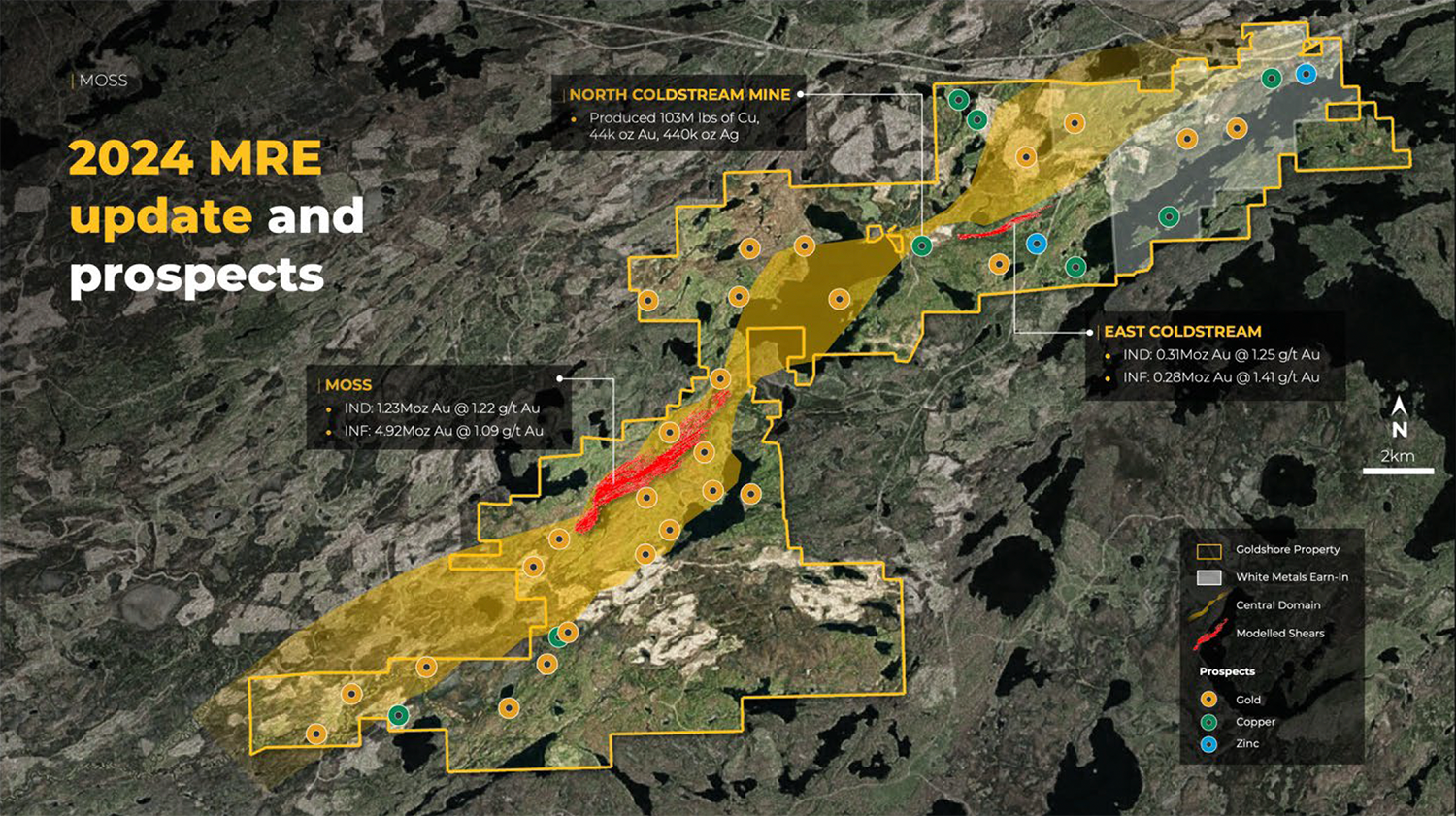 Das Bild zeigt eine geologische Übersichtskarte des Moss Gold Projekts mit den Standorten des Moss und East Coldstream Deposits, farblich gekennzeichneten Claims und Prospektionszielen für Gold, Kupfer und Zink.
