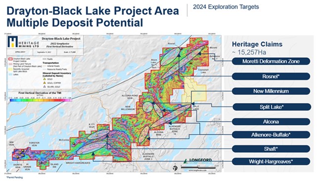 Karte des Drayton-Black Lake Projektgebiets mit verschiedenen Explorationszielen für 2024, die das Potenzial für mehrere Lagerstätten aufzeigen.