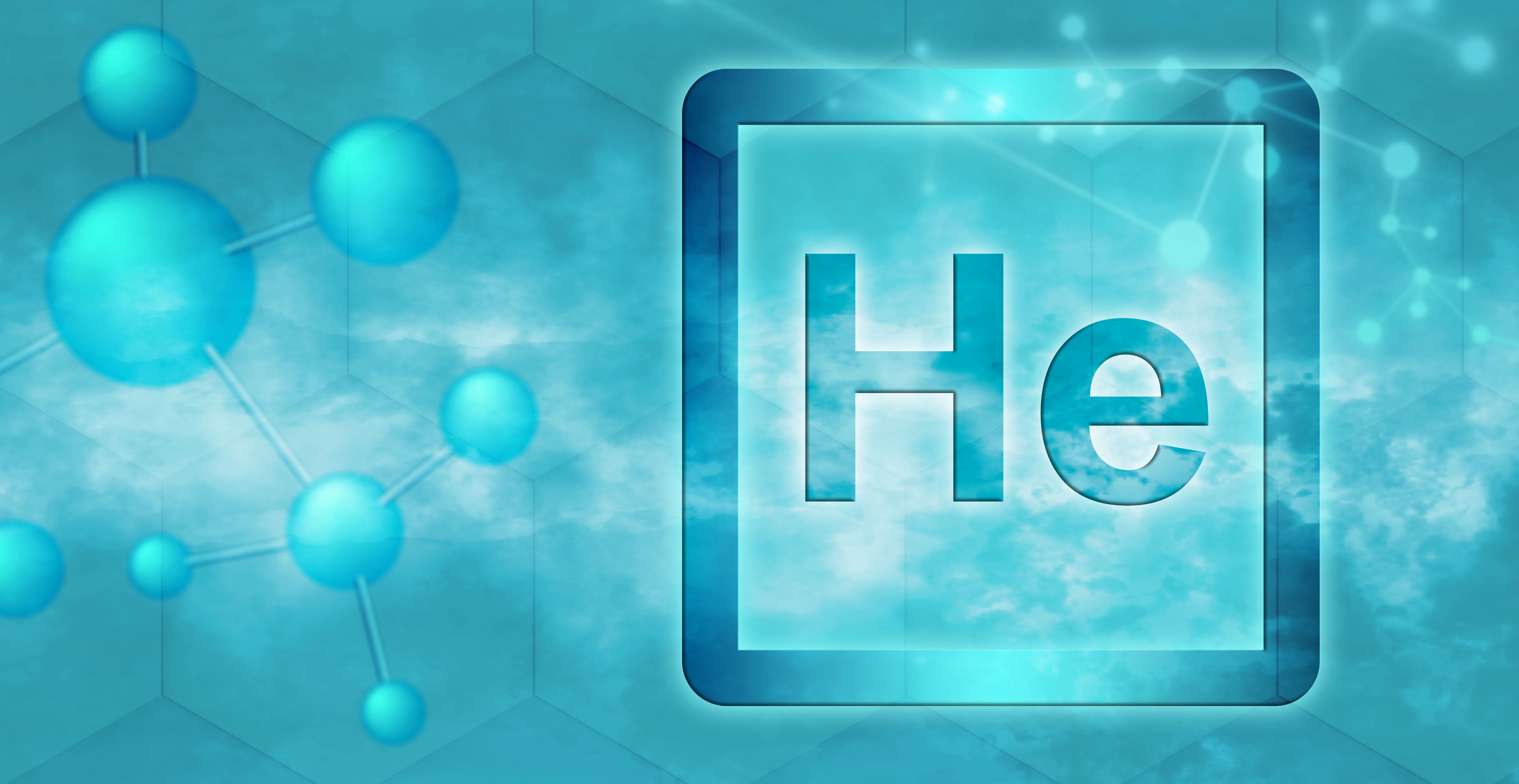 He-Symbol. Chemisches Element Helium mit Molekül und Netzwerk auf blauem Hintergrund