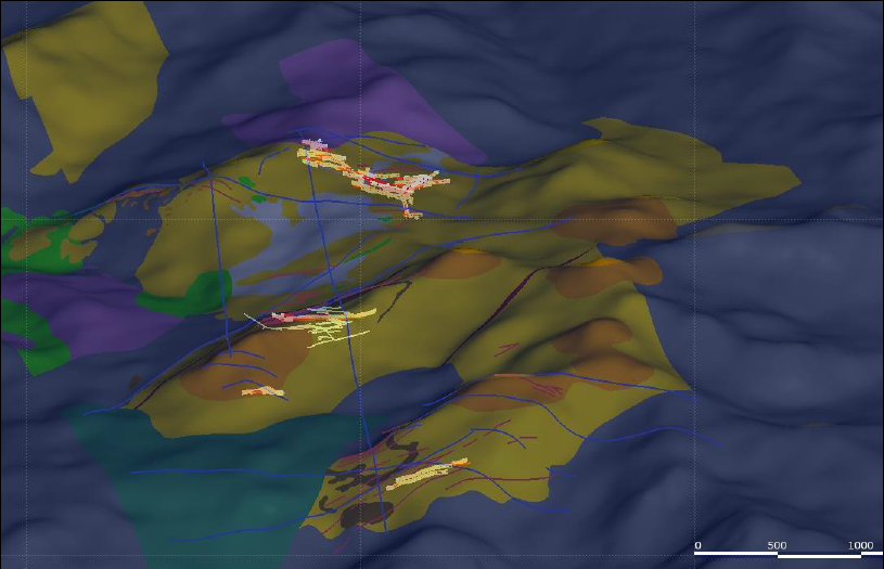 Isometrische Ansicht mit der Geologie auf der Topografie, Blick nach Norden, mit kürzlich kartierten Arbeiten (hellgelb)