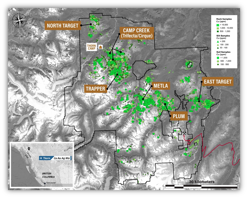 Karte des Projekts Thorn, Kupfergeochemie und Zielgebiete 2024