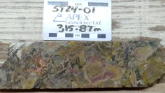 American West – Chalcocite dark grey breccia and native copper (metallic) blebs within fractured dolomite in drill hole ST24-01 from approximately 315.87m downhole_GI NEU