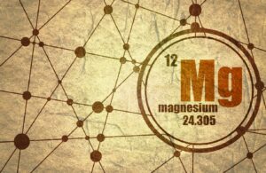 Magnesium chemical element. Sign with atomic number and atomic weight. Chemical element of periodic table. Molecule And Communication Background. Connected lines with dots. Grunge texture