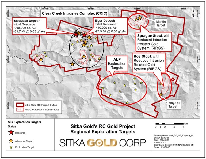 A map of the RC Property showing the reduced intrusion-related gold systems at May-Qu and confirmed gold mineralization at Mahtin