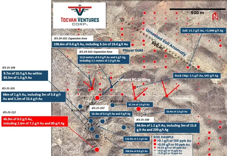 Tocvan Ventures . Planview map of the Main Zone area and immediately north where recent RC drilling has discovered the extension of mineralization along parallel trends-GOLDINVEST