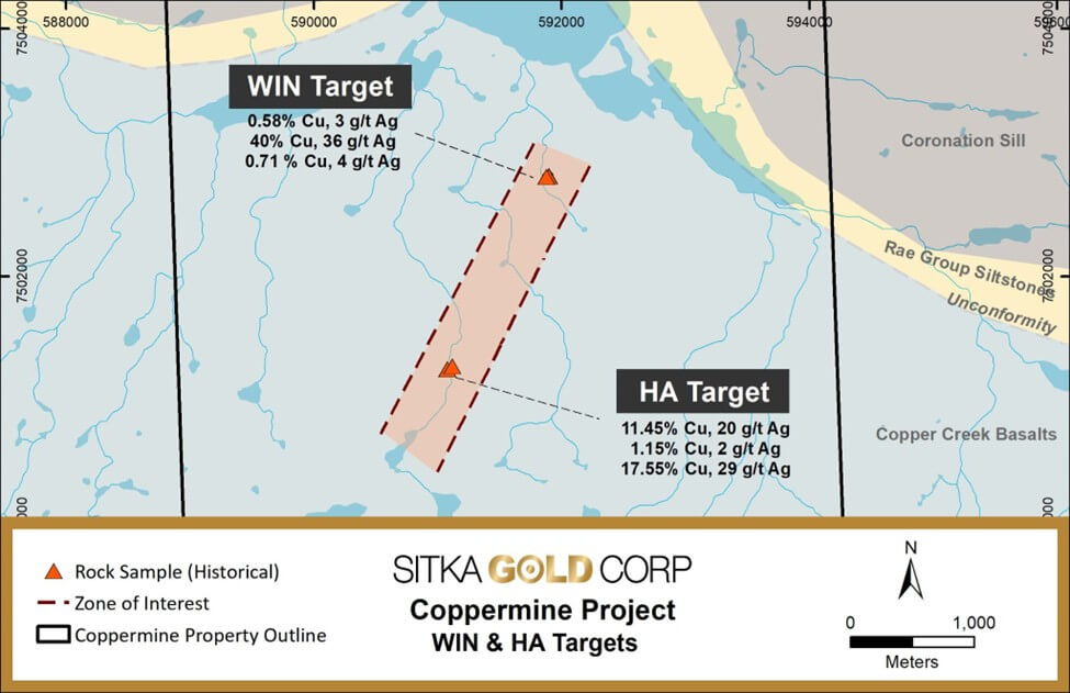 Sitka Gold Karte der Ziele WIN und HA mit der Lage und den Werten der Oberflaechengesteinsproben-GOLDINVEST