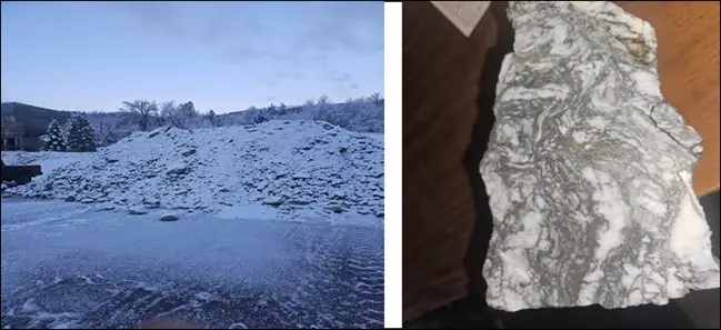 Erzhalde von Blue Lagoon und Beispiel für das hochgradige Erz; Quelle Nicola Mining