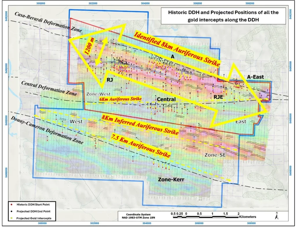 Historische Bohrlochstandorte; Formation Metals geht davon aus, dass auf dem Grundstück N2 eine Streichlänge von über 15 Kilometern zu erkunden ist.