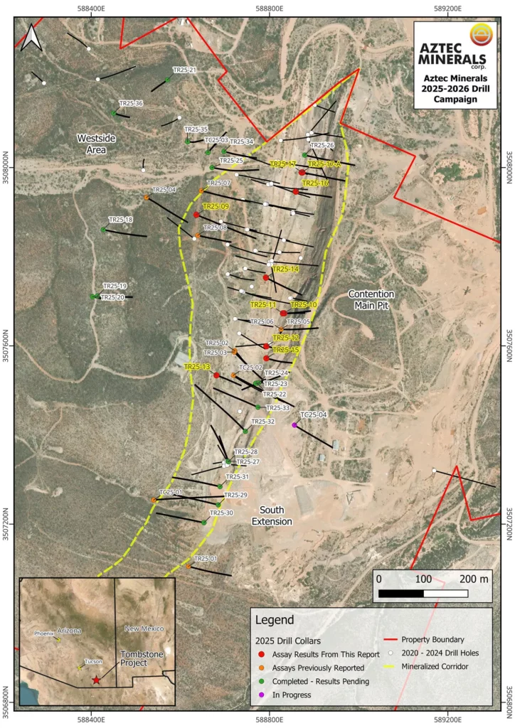 Tombstone Bohrplan 2025 abgeschlossene und ausstehende Bohrungen; Quelle Aztec Minerals