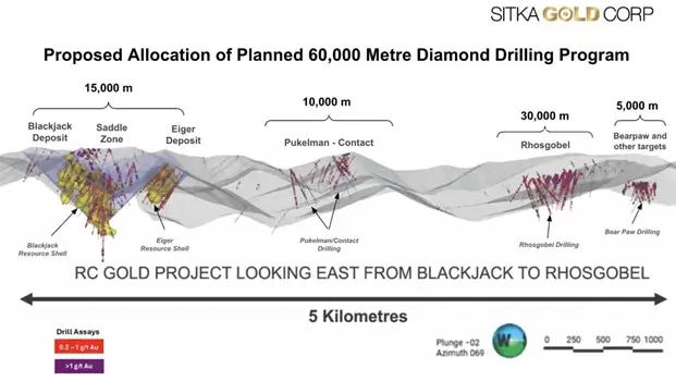 Sitka Gold Long Section showing target areas from the Blackjack deposit to the Bear Paw target and the proposed drilling allocated as part of the 60000 metre diamond drillin 1-GOLDINVEST