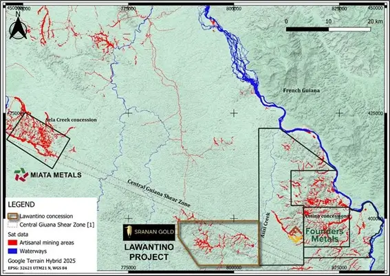 Sranan Gold Location of the Lawantino Property along the CGSZ showing major drainages and areas of small scale mining-GOLDINVEST